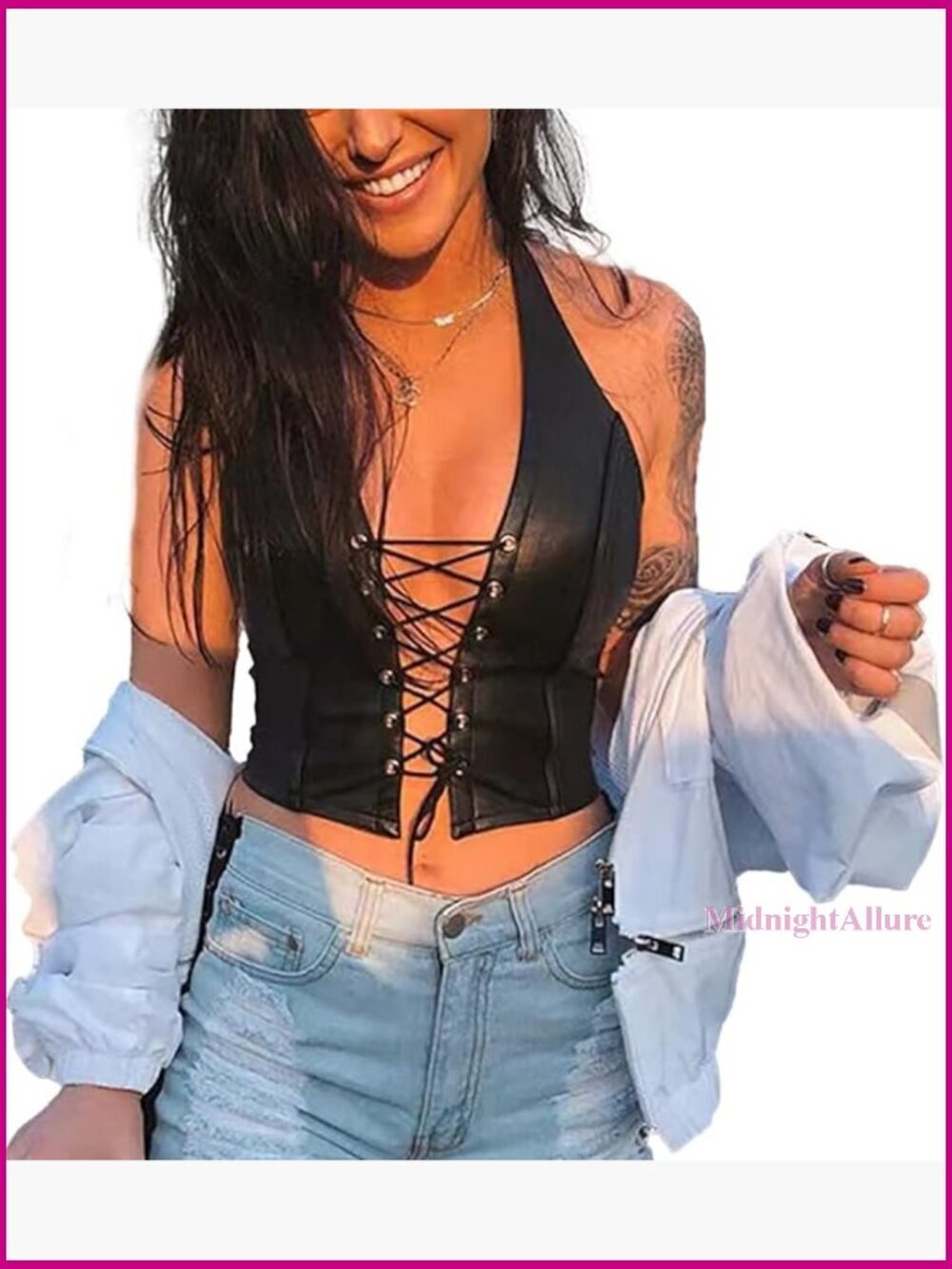 Faux Leather Halter Backless Camisole with Lace-Up Rivet Straps